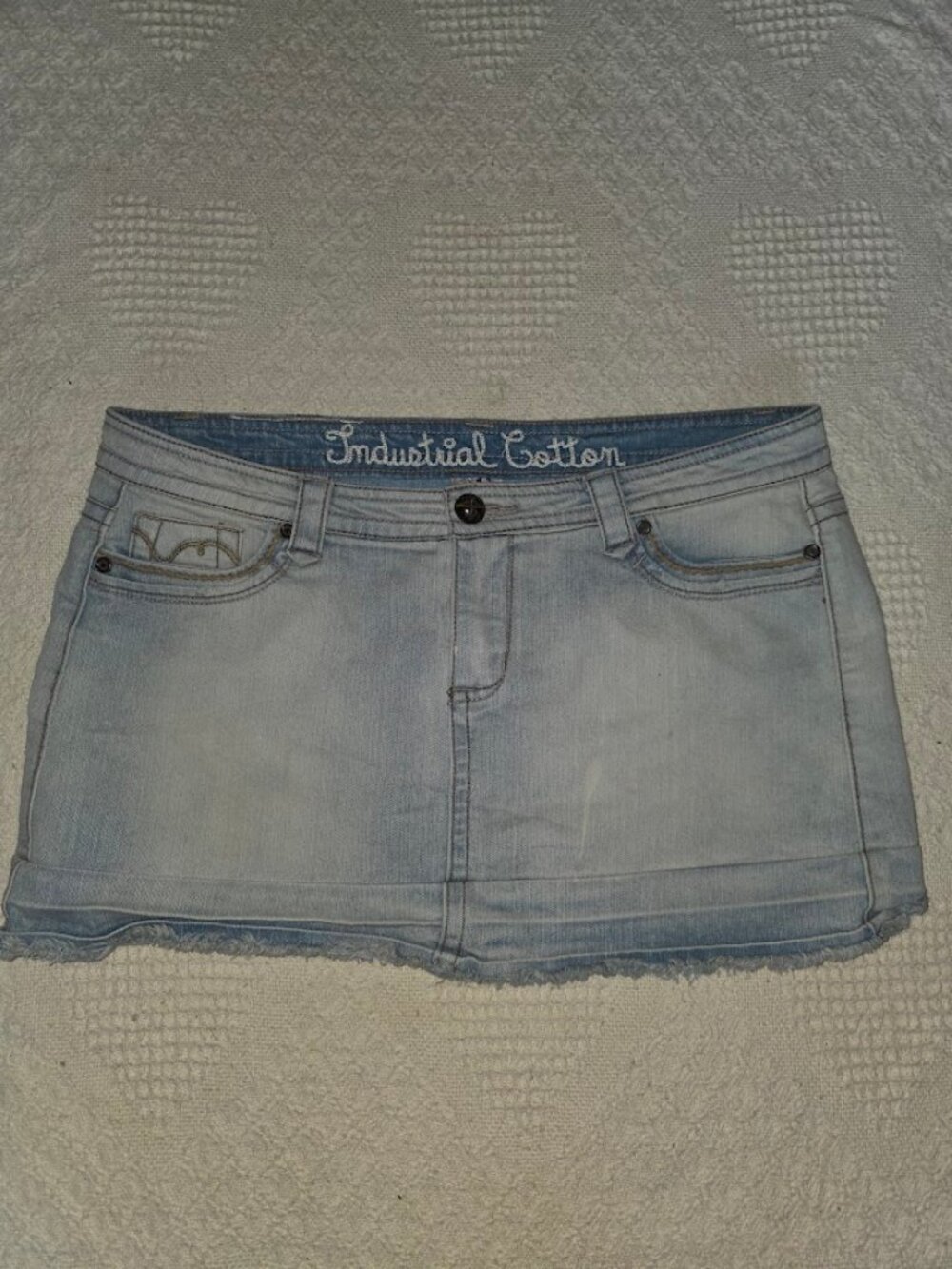Light Wash Denim Mini Skirt – Raw Hem – Size M